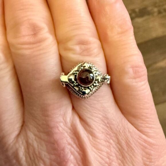 Round Cut Red Garnet Gemstone Poison Locket Box Ring Boho Sterling Silver New - Picture 1 of 4